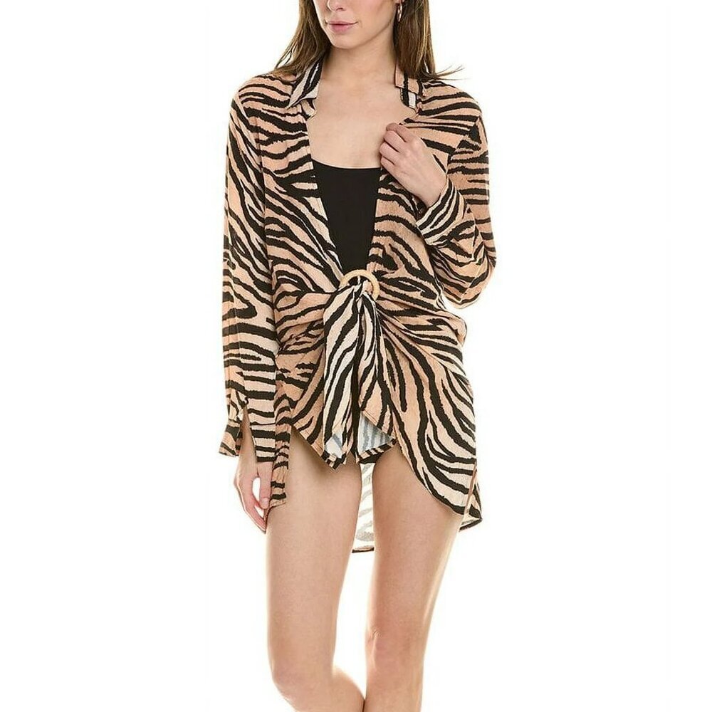 NWT PQ SWIM Millie Zebra Print Long Sleeve Tie Cover-Up Dress XS / S